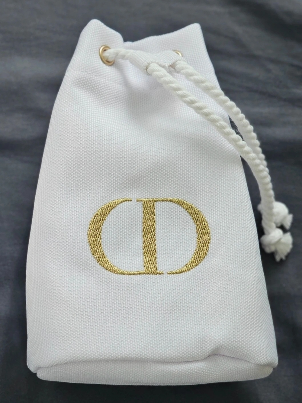 Dior White Drawstring Cosmetic Pouch with Gold CD Embroidery